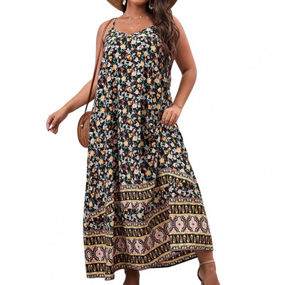 Liela izmēra vasaras pludmales maxi kleita sievietēm ar bohēmisku ziedu apdruku bez piedurknēm bez atzveltnes A-līnijas liela apakšmala, brīva siksniņa kleita