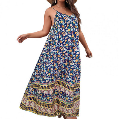 Liela izmēra vasaras pludmales maxi kleita sievietēm ar bohēmisku ziedu apdruku bez piedurknēm bez atzveltnes A-līnijas liela apakšmala, brīva siksniņa kleita