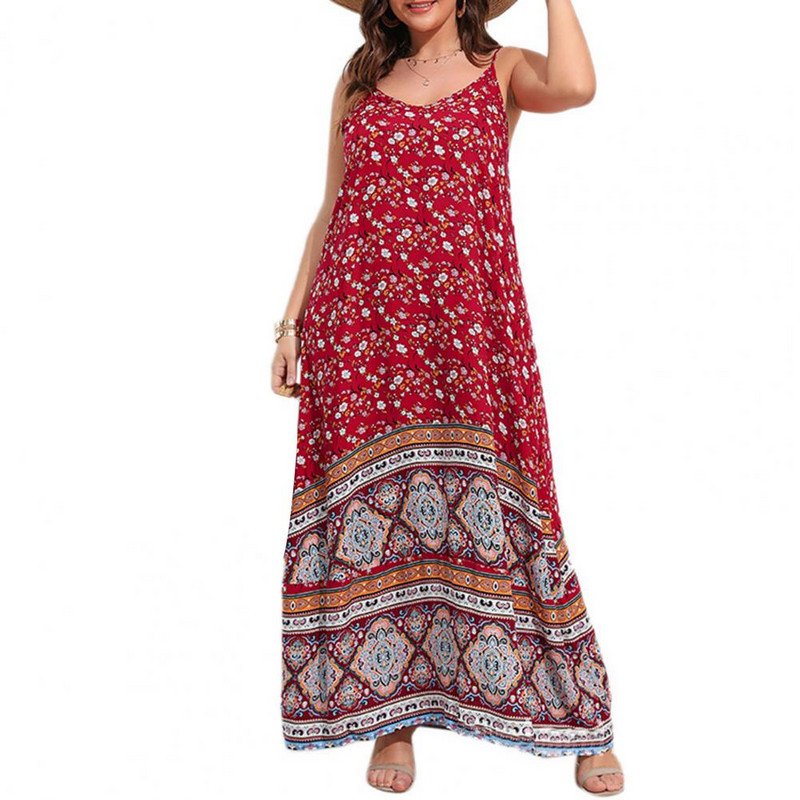 Liela izmēra vasaras pludmales maxi kleita sievietēm ar bohēmisku ziedu apdruku bez piedurknēm bez atzveltnes A-līnijas liela apakšmala, brīva siksniņa kleita