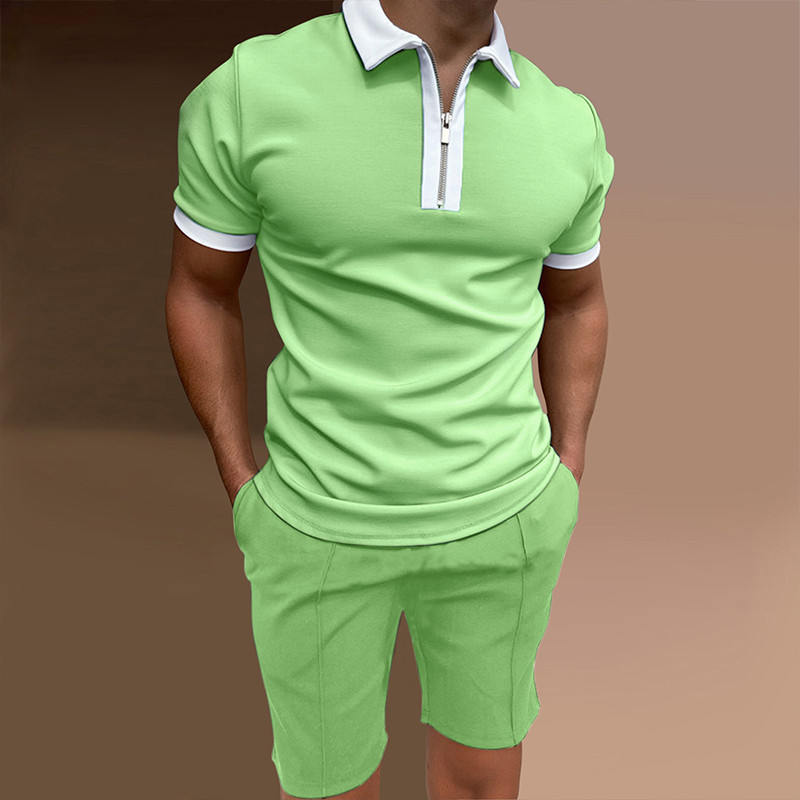 Vīriešu treniņtērps polo krekla uzvalks ikdienišķs ielas apģērbs, rāvējslēdzējs ar īsām piedurknēm polo krekls un šorti, elpojošs, 2 daļīgs komplekts S-3XL