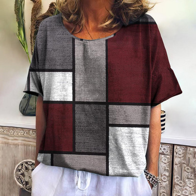 Suvine ruuduline T-särk naistele O kaelusega vabaaja kampsun, uued sviitrid Harajuku riided lahtised lühikeste varrukatega pluus Naiste mood topsid