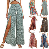 Vasaras Boho bikses ar platām kājām Sievietēm Culottes Ziedu vintage sānu sadalīti Liela izmēra svārki Bikses Bohēmijas ar augstu jostasvietu pušķi bikses