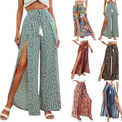 Vasaras Boho bikses ar platām kājām Sievietēm Culottes Ziedu vintage sānu sadalīti Liela izmēra svārki Bikses Bohēmijas ar augstu jostasvietu pušķi bikses