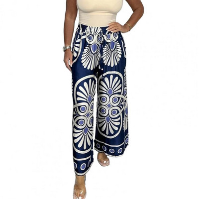 Elastīgas vidukļa bikses ar platām kājām Bohēmijas stila ziedu apdrukas platas bikses sievietēm Elastīgas jostasvietas Satīna atpūtas bikses