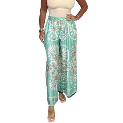 Elastīgas vidukļa bikses ar platām kājām Bohēmijas stila ziedu apdrukas platas bikses sievietēm Elastīgas jostasvietas Satīna atpūtas bikses