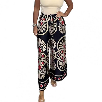 Elastīgas vidukļa bikses ar platām kājām Bohēmijas stila ziedu apdrukas platas bikses sievietēm Elastīgas jostasvietas Satīna atpūtas bikses