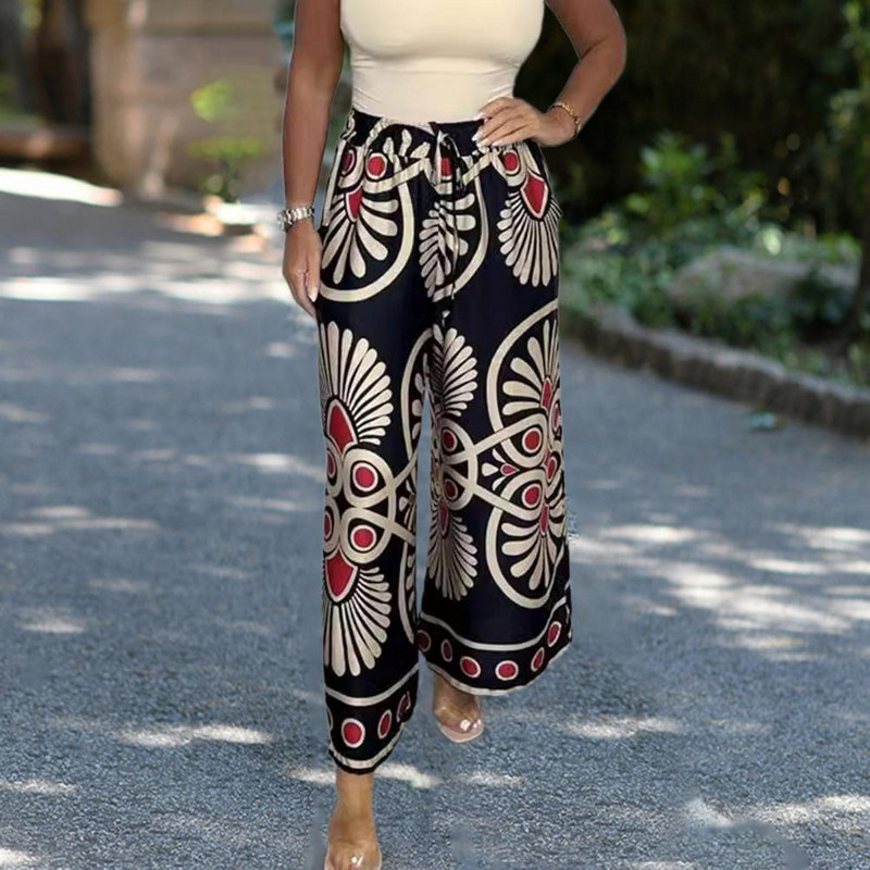 Elastīgas vidukļa bikses ar platām kājām Bohēmijas stila ziedu apdrukas platas bikses sievietēm Elastīgas jostasvietas Satīna atpūtas bikses