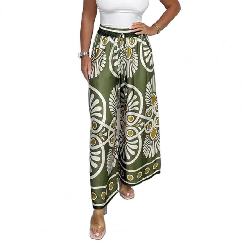 Elastīgas vidukļa bikses ar platām kājām Bohēmijas stila ziedu apdrukas platas bikses sievietēm Elastīgas jostasvietas Satīna atpūtas bikses