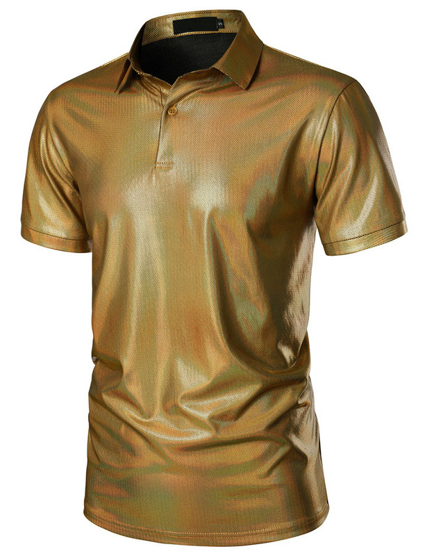 Vīriešu spīdīgs metālisks ballītes polo T krekls vasaras īsām piedurknēm naktsklubs vīriešu apģērbi modes vīriešu skatuves balles priekšnesumu topi vīriešiem