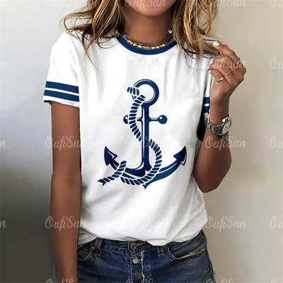 Γυναικείο T-Shirt 2024 New Style Anchor Print Κορυφαία καλοκαιρινά υπερμεγέθη μπλουζάκια για γυναικεία ρούχα με λαιμόκοψη σε γυναικεία μόδα Plus μέγεθος