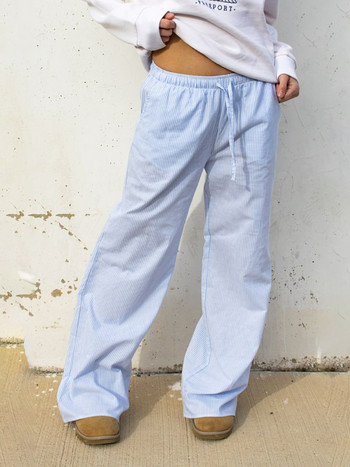 Y2K Vinatge Дамски ежедневни панталони с щампа на райе, шнур, еластична талия, свободни прави дълги панталони с джобове Streetwear