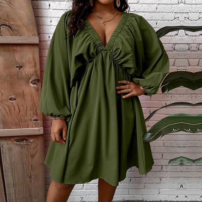 MuGen liela izmēra brīva kleita ikdienas kleita ar garām piedurknēm vienkrāsainas kleitas ar V veida kakla izgriezumu sieviešu apģērbs 2024. gada jauna modes kleita, kas ir lielāka izmēra