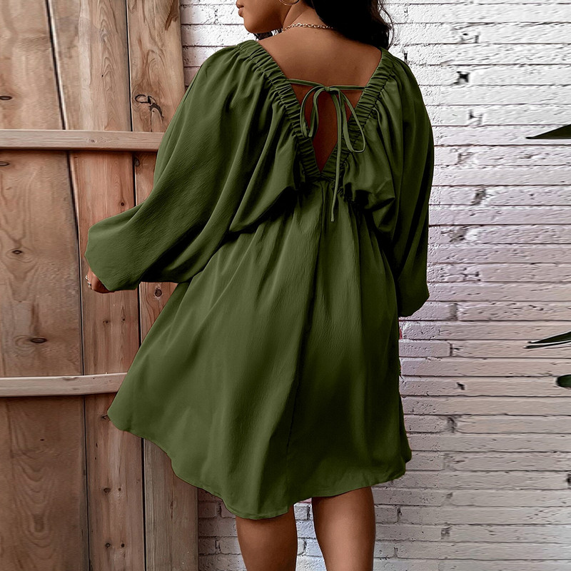 MuGen liela izmēra brīva kleita ikdienas kleita ar garām piedurknēm vienkrāsainas kleitas ar V veida kakla izgriezumu sieviešu apģērbs 2024. gada jauna modes kleita, kas ir lielāka izmēra