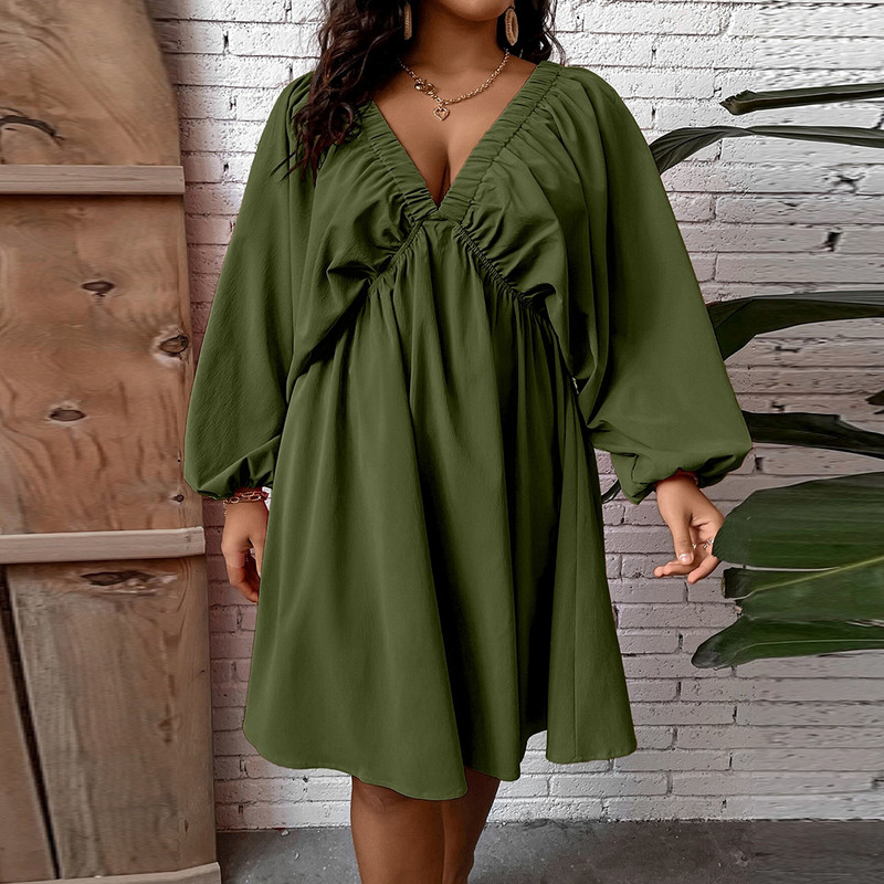 MuGen liela izmēra brīva kleita ikdienas kleita ar garām piedurknēm vienkrāsainas kleitas ar V veida kakla izgriezumu sieviešu apģērbs 2024. gada jauna modes kleita, kas ir lielāka izmēra