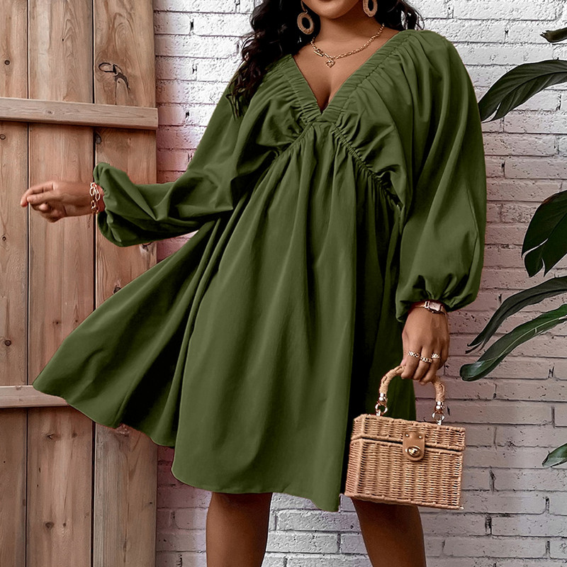 MuGen liela izmēra brīva kleita ikdienas kleita ar garām piedurknēm vienkrāsainas kleitas ar V veida kakla izgriezumu sieviešu apģērbs 2024. gada jauna modes kleita, kas ir lielāka izmēra