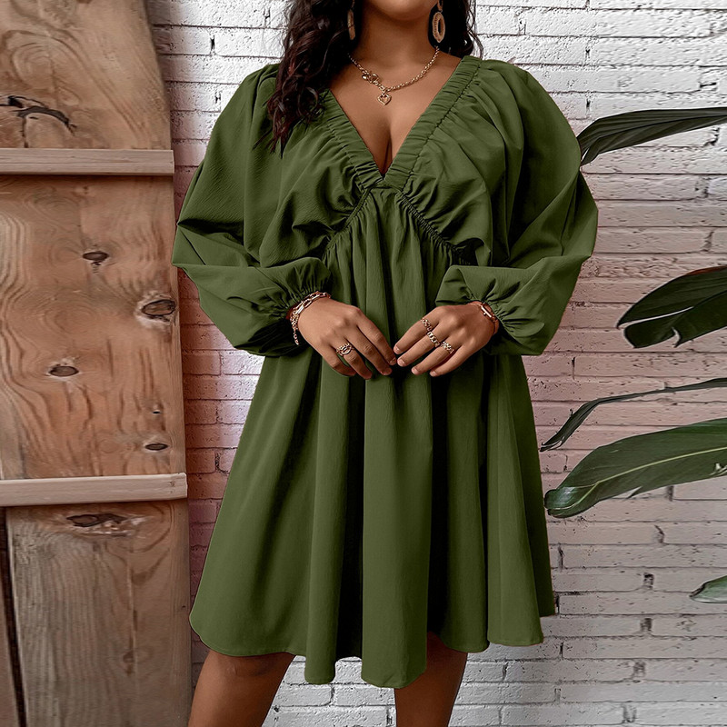 MuGen liela izmēra brīva kleita ikdienas kleita ar garām piedurknēm vienkrāsainas kleitas ar V veida kakla izgriezumu sieviešu apģērbs 2024. gada jauna modes kleita, kas ir lielāka izmēra