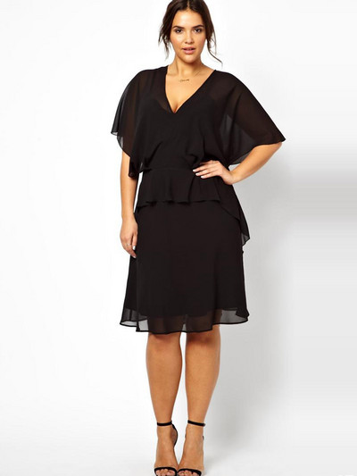 Liela izmēra seksīga V veida kakla izgriezuma eleganta vasaras šifona kleita sievietēm ar sikspārņu piedurknēm, melna ballīšu kleita liela izmēra biroja kleita 6XL