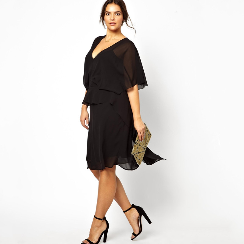 Liela izmēra seksīga V veida kakla izgriezuma eleganta vasaras šifona kleita sievietēm ar sikspārņu piedurknēm, melna ballīšu kleita liela izmēra biroja kleita 6XL