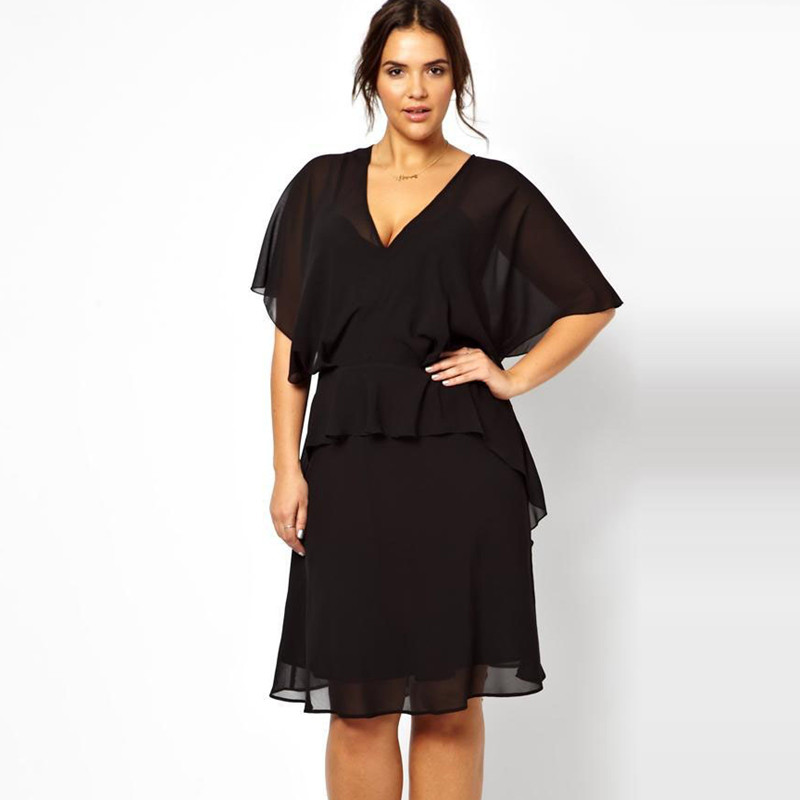 Liela izmēra seksīga V veida kakla izgriezuma eleganta vasaras šifona kleita sievietēm ar sikspārņu piedurknēm, melna ballīšu kleita liela izmēra biroja kleita 6XL