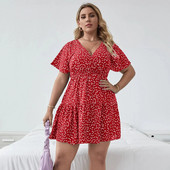 Liela izmēra ziedu apdruka Vasaras ikdienas daudzpakāpju kleita sievietēm ar īsām piedurknēm ar sirds rakstu Boho kleita, liela izmēra, pieguļoša A-līnijas kleita