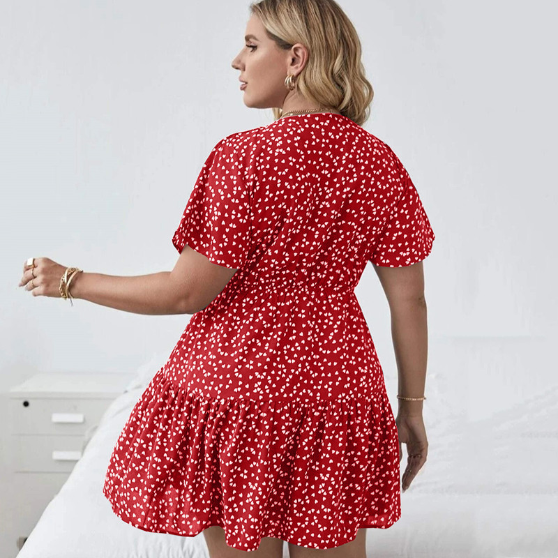 Liela izmēra ziedu apdruka Vasaras ikdienas daudzpakāpju kleita sievietēm ar īsām piedurknēm ar sirds rakstu Boho kleita, liela izmēra, pieguļoša A-līnijas kleita