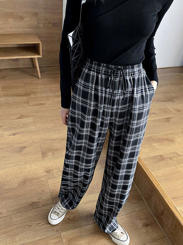 HOUZHOU Vintage rūtainas bikses Sievietēm Bagijas Pamata platas Bikses Sieviešu ikdienišķas Korejas modes Harajuku Brīvas sporta bikses, Visas spēles