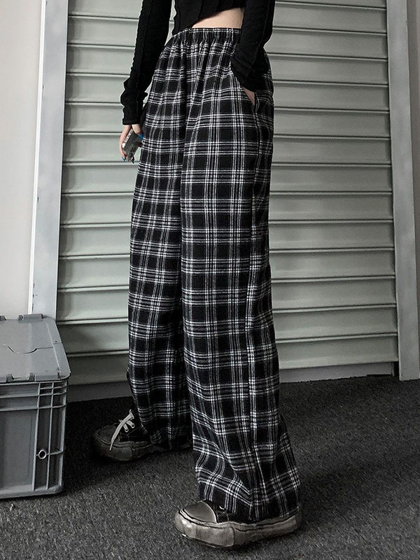 Jmprs Oversize női melegítőnadrágok nyári divat fekete kockás alkalmi nadrágok rugalmas derékalkalmi zsebek diáknadrágok