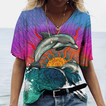 2023 Γυναικεία T-Shirts Dolphin Print Tops V λαιμόκοψη Γυναικεία Vintage Ρούχα Αισθητική μπλουζάκια Loose oversized αστεία μπλουζάκια