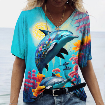 2023 Γυναικεία T-Shirts Dolphin Print Tops V λαιμόκοψη Γυναικεία Vintage Ρούχα Αισθητική μπλουζάκια Loose oversized αστεία μπλουζάκια