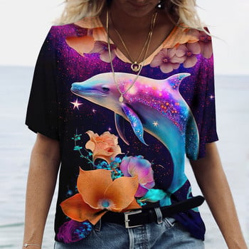 2023 Γυναικεία T-Shirts Dolphin Print Tops V λαιμόκοψη Γυναικεία Vintage Ρούχα Αισθητική μπλουζάκια Loose oversized αστεία μπλουζάκια