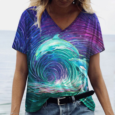 2023. gada Sieviešu T-krekli Delfīnu apdrukas topi ar V kakla izgriezumu Modes sieviešu vintage apģērbi Estētika T-krekli Brīvi lielizmēra smieklīgi T krekli