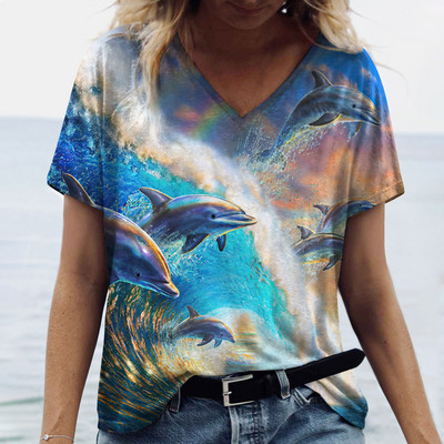 2023. gada Sieviešu T-krekli Delfīnu apdrukas topi ar V kakla izgriezumu Modes sieviešu vintage apģērbi Estētika T-krekli Brīvi lielizmēra smieklīgi T krekli