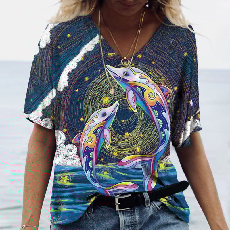 2023. gada Sieviešu T-krekli Delfīnu apdrukas topi ar V kakla izgriezumu Modes sieviešu vintage apģērbi Estētika T-krekli Brīvi lielizmēra smieklīgi T krekli