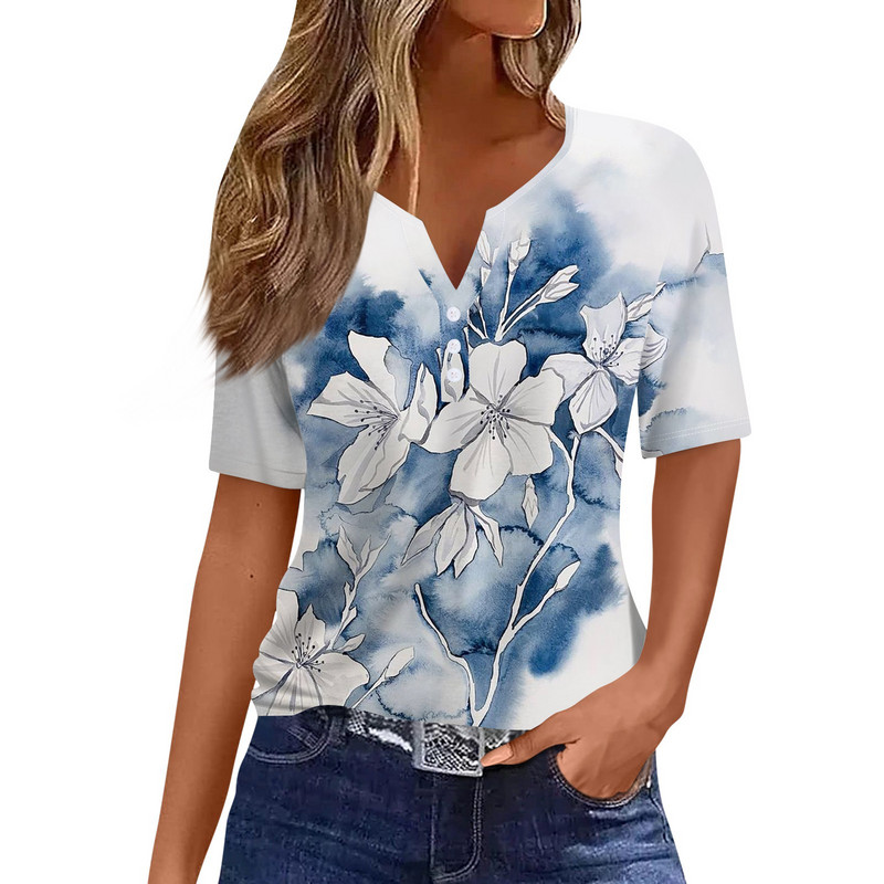 Ženska majica kratkih rukava, majica s printom na gumbe, kratkih rukava, dnevna, vikend modna, obična majica s V-izrezom plus rozmiar topy más tamaño topovi