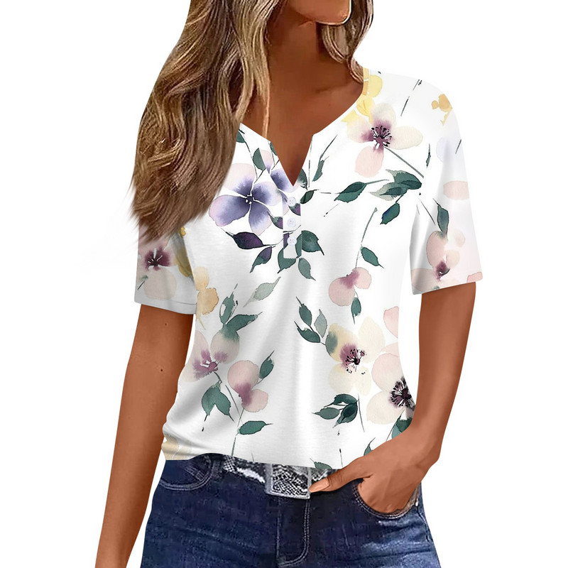 Ženska majica kratkih rukava, majica s printom na gumbe, kratkih rukava, dnevna, vikend modna, obična majica s V-izrezom plus rozmiar topy más tamaño topovi