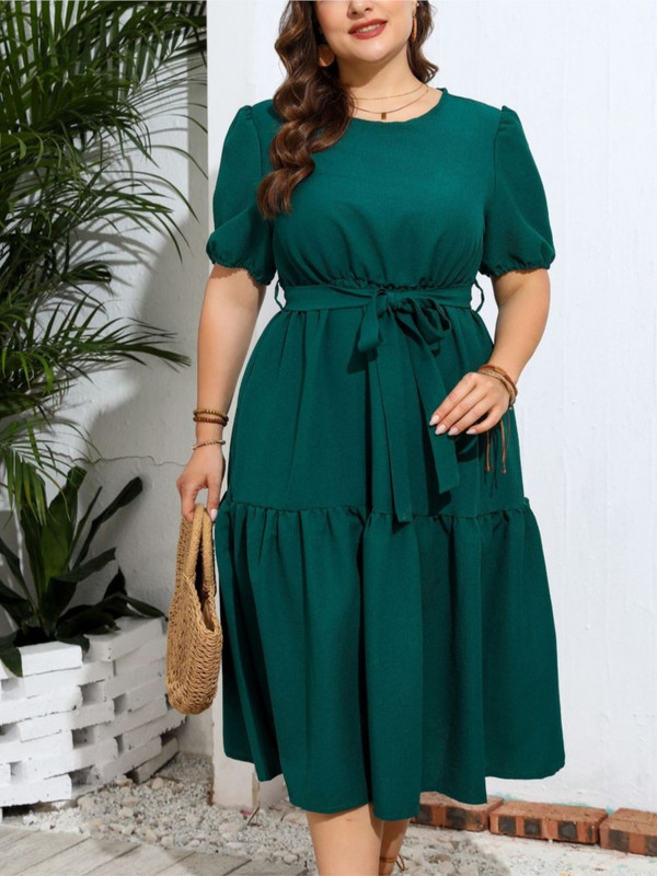 Liela izmēra vasaras midi kleita sievietēm ar īsām piedurknēm, modes gadījuma brīvas volāniem kroku sieviešu kleitas Eleganta sieviešu kleita