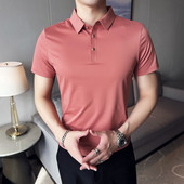 2023. gada jauns augstas kvalitātes britu stila vīriešu polo krekls — vienkrāsains, ļoti elastīgs, ledus zīda audums, bezšuvju atloks (S-4XL)