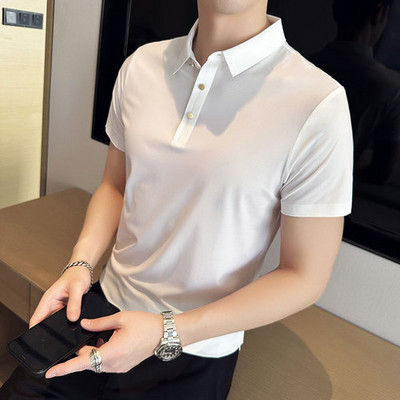 2023. gada jauns augstas kvalitātes britu stila vīriešu polo krekls — vienkrāsains, ļoti elastīgs, ledus zīda audums, bezšuvju atloks (S-4XL)