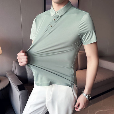 2023. gada jauns augstas kvalitātes britu stila vīriešu polo krekls — vienkrāsains, ļoti elastīgs, ledus zīda audums, bezšuvju atloks (S-4XL)