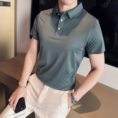 2023. gada jauns augstas kvalitātes britu stila vīriešu polo krekls — vienkrāsains, ļoti elastīgs, ledus zīda audums, bezšuvju atloks (S-4XL)