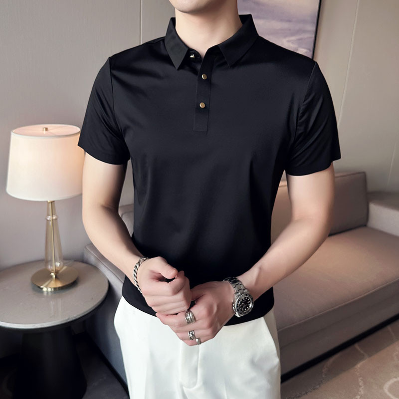 2023. gada jauns augstas kvalitātes britu stila vīriešu polo krekls — vienkrāsains, ļoti elastīgs, ledus zīda audums, bezšuvju atloks (S-4XL)