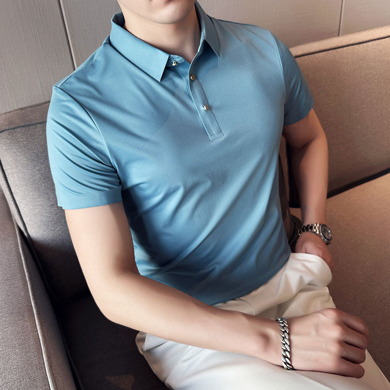 2023. gada jauns augstas kvalitātes britu stila vīriešu polo krekls — vienkrāsains, ļoti elastīgs, ledus zīda audums, bezšuvju atloks (S-4XL)