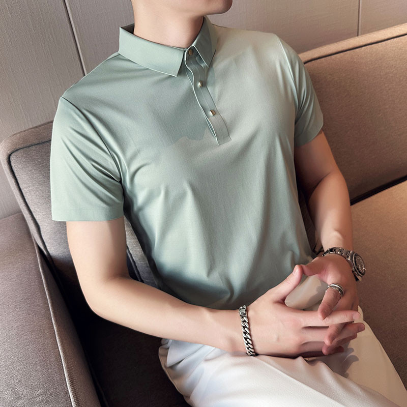 2023. gada jauns augstas kvalitātes britu stila vīriešu polo krekls — vienkrāsains, ļoti elastīgs, ledus zīda audums, bezšuvju atloks (S-4XL)