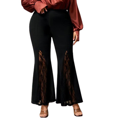 Női nagyméretű csipke patchwork flare nadrág magas derekú zsebek irodai hölgy szabadidő elasztikus leggings nadrág bokáig érő nadrág