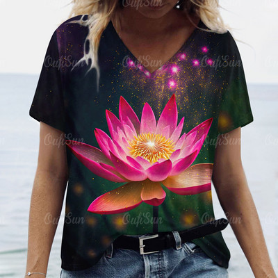 Modna labava odjeća velikih veličina Ljetne ženske majice kratkih rukava s V izrezom Ulična odjeća Ženski pulover s apstraktnim cvjetnim printom