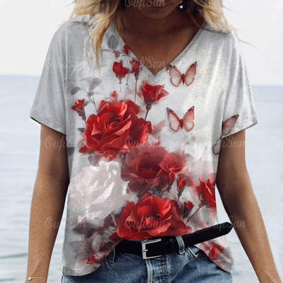 Modna labava odjeća velikih veličina Ljetne ženske majice kratkih rukava s V izrezom Ulična odjeća Ženski pulover s apstraktnim cvjetnim printom