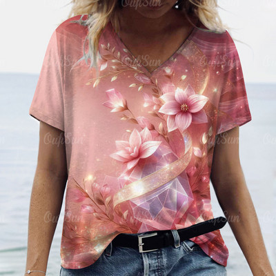 Modna labava odjeća velikih veličina Ljetne ženske majice kratkih rukava s V izrezom Ulična odjeća Ženski pulover s apstraktnim cvjetnim printom