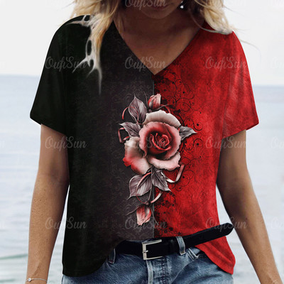 Modna labava odjeća velikih veličina Ljetne ženske majice kratkih rukava s V izrezom Ulična odjeća Ženski pulover s apstraktnim cvjetnim printom