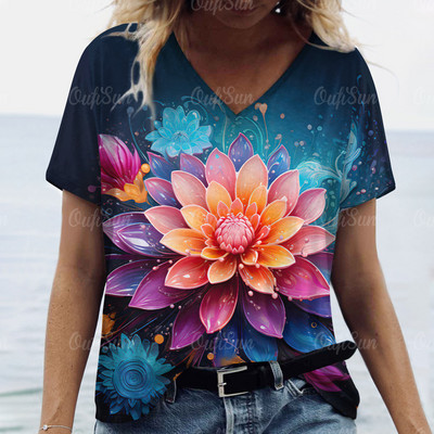 Modna labava odjeća velikih veličina Ljetne ženske majice kratkih rukava s V izrezom Ulična odjeća Ženski pulover s apstraktnim cvjetnim printom