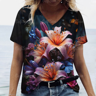 Modna labava odjeća velikih veličina Ljetne ženske majice kratkih rukava s V izrezom Ulična odjeća Ženski pulover s apstraktnim cvjetnim printom